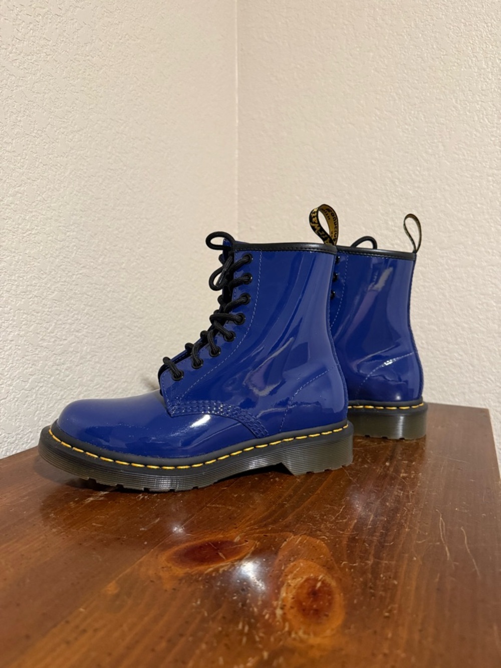 Dr. Martens Patent Leather Lace-Up Boots in Blue with Yellow Stitching - Picture 4 of 6